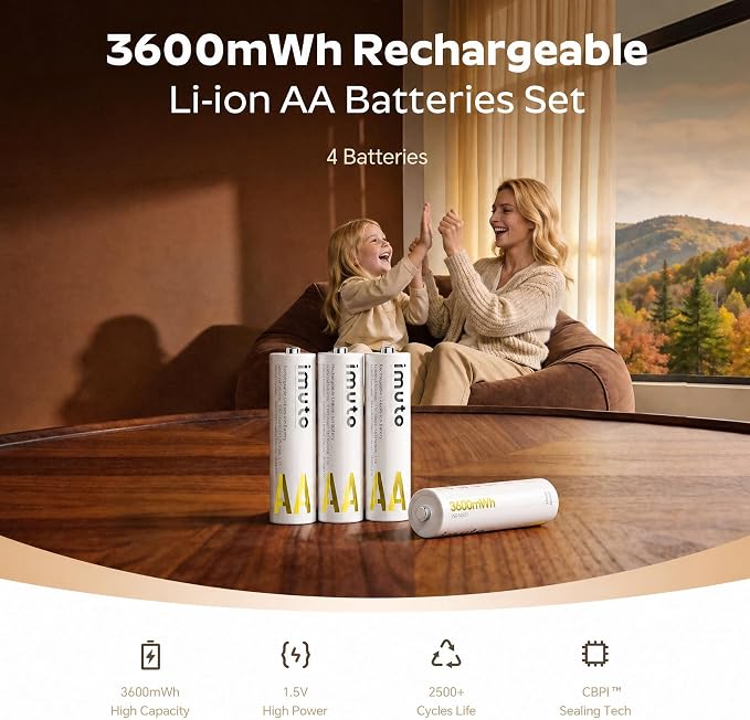 imuto Rechargeable aa Batteries, 3600mWh aa Lithium Batteries 4 Pack, 1.5V 2A Output Double a Battery, 2500+ Cycle Life