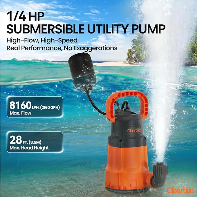 Cleartide Submersible Utility Pump with Float Switch, 2160 GPH High Flow, Water Pump with Copper Motor, Ideal for Yard and Flooded Cellar, Hot Tub, Garden Irrigation