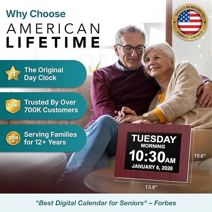 American Lifetime New 2026 Dementia Clock Large Digital Clock for Seniors, Alzeimer Clock Large Display with Custom Alarms, Clock with Day & Date for Elderly, Digital Calendar Mahogany, 15 Inch