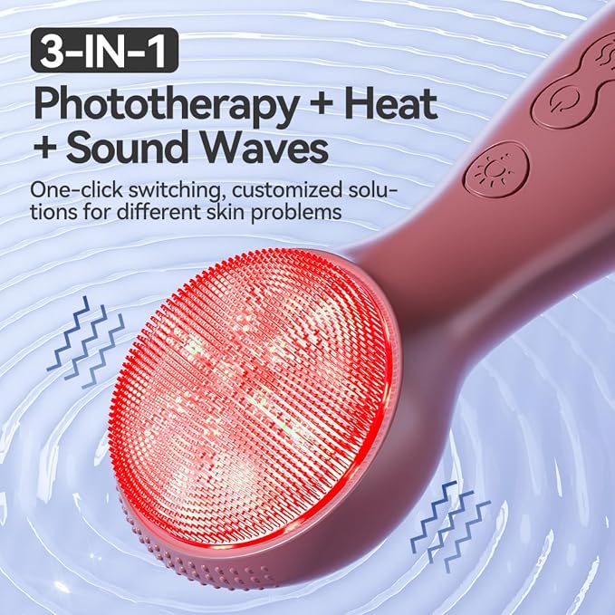 Colorful LED Silicone Face Wash Brush - Sonic Vibration Face Cleaner with Heat Sensation, 3 Modes & Ergonomic Handle, Waterproof Electric Face Brush for at-Home Spa & Travel Skincare (Dark Brown)