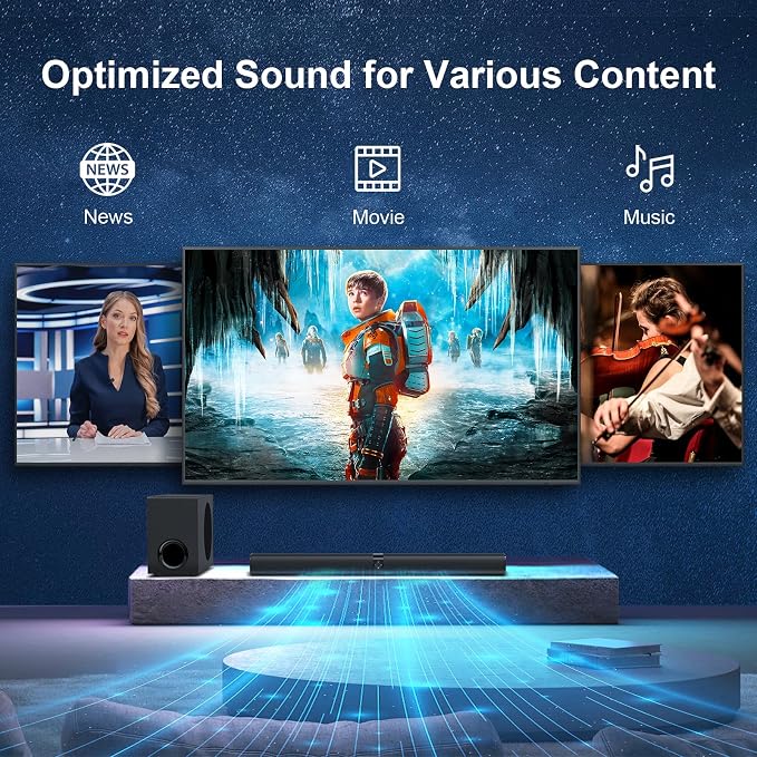 Sound Bar with Subwoofer, 110W Sound Bar for Smart TV, with Deep Bass & Volume Boost & 3 Equalizer Modes, Bluetooth/ARC/Opt/AUX Connect, Detachable Soundbar for TV/PC/Gaming/Projectors