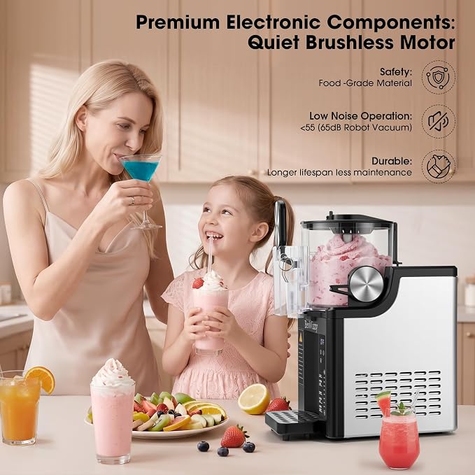 5-in-1 Slushie Machine with No Pre-Freeze Ice Cream Maker Function | 50oz Capacity Serves 5-7, Adjustable Temp, 220W with R290 Refrigerant, Quiet <55dB, Easy to Operate and Clean for Home, Black