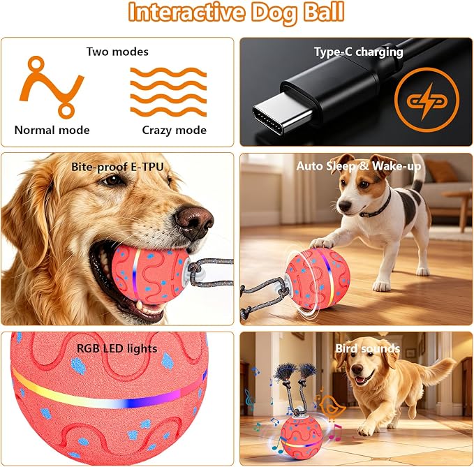 Smart Interactive Dog Ball – Automatic Moving, Bouncing & Rotating Toy for Medium/Large Dogs, E‑TPU Rolling Ball with Normal & Crazy Modes, Bird Sounds, Washable Cover, Type‑C Charging