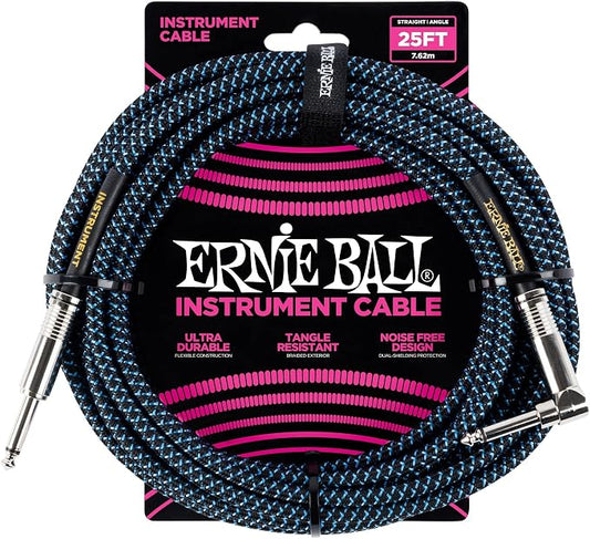 Ernie Ball Braided Instrument Cable, Straight/Angle, 25ft, Blue/Black (P06060)