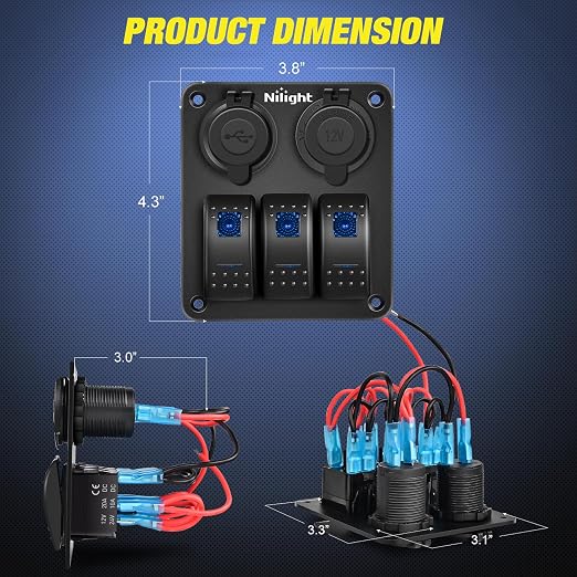 Nilight 3 Gang Rocker Switch Panel Pre-Wired Aluminum with PD Type C and USB Cigarette Lighter Socket Night Glow Stickers 12V 24V ON Off Switches for Car Trucks Boats RVs