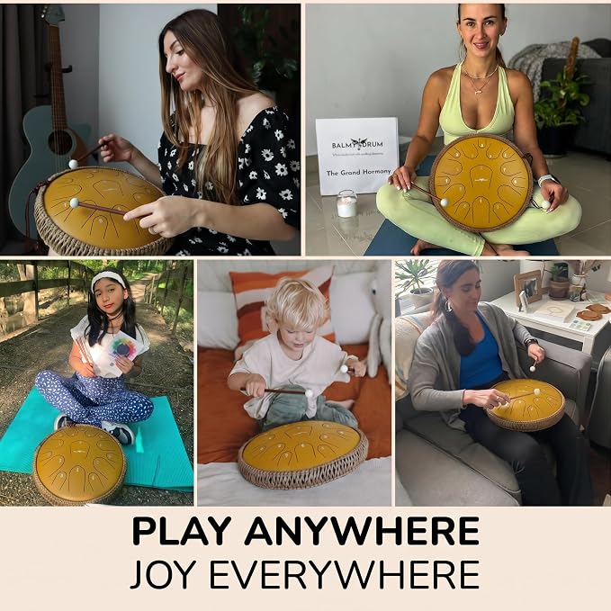 Balmy Drum Steel Tongue Drum 14 inch 15 Notes 440Hz, Handpan Drum with Music Book, Mallets, Carry Bag, Finger Picks, Rain Drum for Outdoor, Meditation Yoga Calming Instruments for Adults Kids (White)
