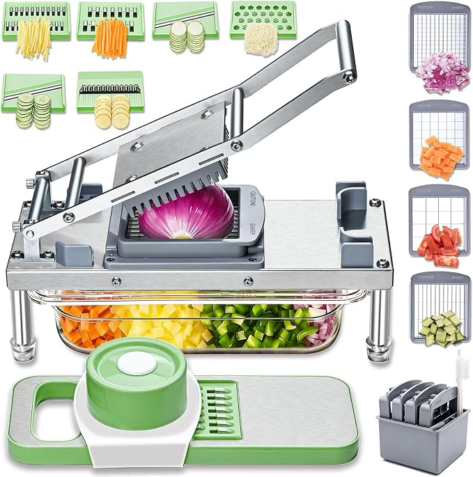 Stainless Steel Vegetable Chopper with 10 Blades - Mandoline Slicer-Pro Food Chopper with Container - Veggie Salad Onion Chopper - Potato Dicer - Tomato Cutter - Cheese Grater