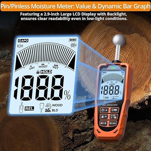 Neoteck 2-in-1 Dual Probe Moisture Meter 40mm Spherical Moisture Reader & ±2.5% Accuracy Pin Moisture Meter with LCD Display and Audio Alarm for Wood Wall Concrete Drywall Firewood Lumber