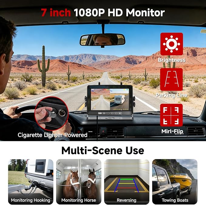 Magnetic Wireless Backup Camera with 7" 1080P 4CH Monitor for Truck | 15000mAh Battery Solar Powered Waterproof Reverse camera, DVR Recording, 500ft Range for Horse Trailer RV Pickup Tractor Boat