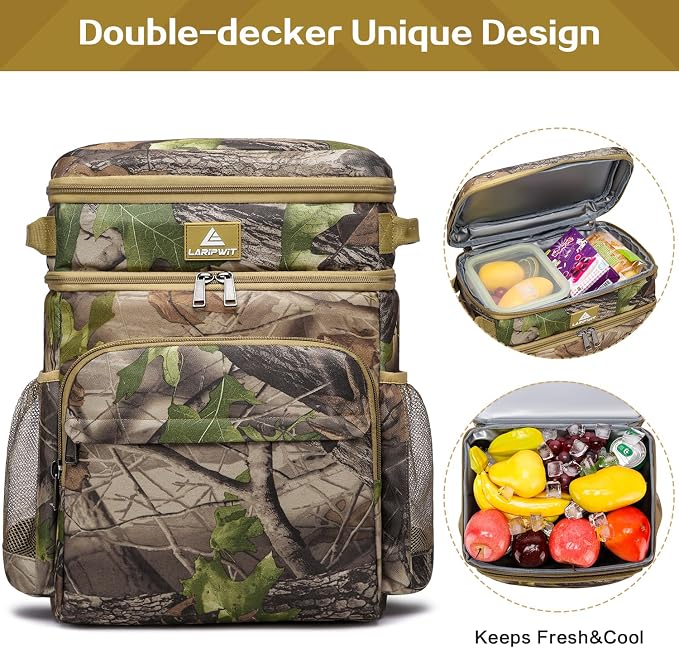 Laripwit Picnic Backpack Cooler - 54 Cans Large Soft Camo Lunch Backpack Bag Insulated Leakproof with Double Deck Compartment