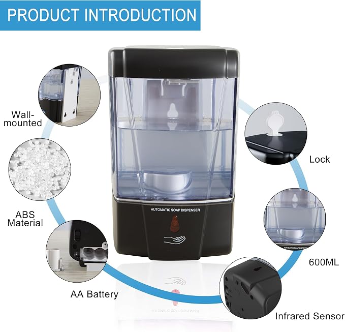 Soap Dispenser Wall Mount Commercial 2 Pack Black Automatic Hand Wash Dispensers 20OZ Suitable Liquid Sanitizer Refillable for Kitchen Bathroom Waterproof