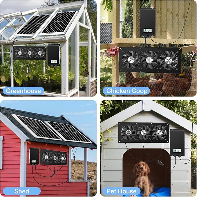 Fanspex Solar 3 Fan Kit with 66.6 Wh Battery Backup, 50W Solar Panel Powered Rechargeable Weatherproof Fans for Chicken Coop, Greenhouse & Shed