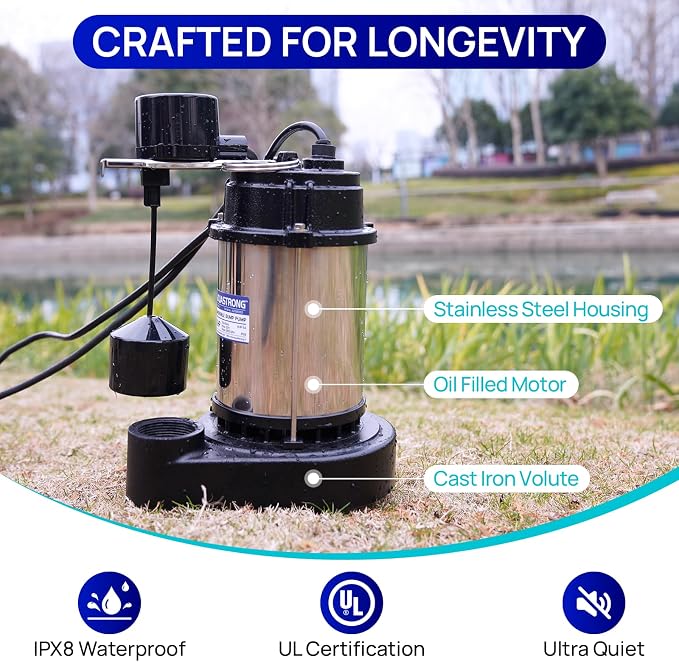 Aquastrong Sewage Grinder Pump, Cast Iron Effluent Pump, Auto Float Switch for Basement Sump Basin and Sewage Well, 2 inch Discharge, Gray No Grinder with Piggy-back Plug