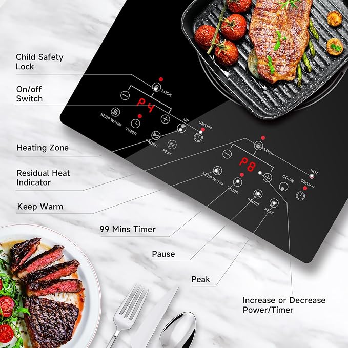 Double Burner Electric Cooktop Plug in 2000W, 110V~120V Countertop Stove, Electric Stove 2 Burner for Cooking, 110 volt Kitchen Stove 12inch Built-in Countertop with Timer, Peak, Pause