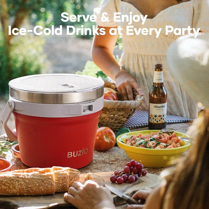 BUZIO 7 L Insulated Ice Bucket with Lid and Scoop & Tongs, Double Wall Large Ice Buckets for Parties Cocktail Bar Champagne, Holds 6 Longnecks or 3 Wine Bottles, Red
