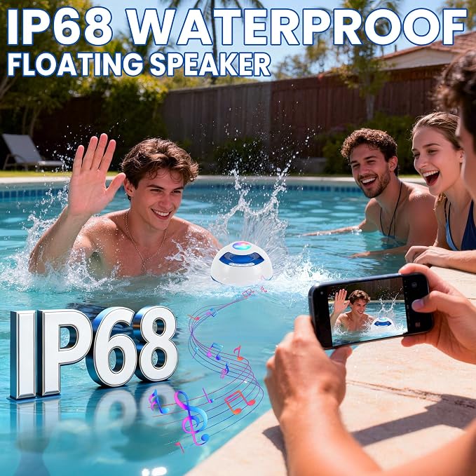 Luxfero 2026 Upgraded Bluetooth Pool Speaker, Floating Pool Speaker with Top & Bottom Lights, BT5.4 Hot Tub Speaker IP68 Waterproof Floating Speaker, Portable Floating Bluetooth Speaker for Pool-White