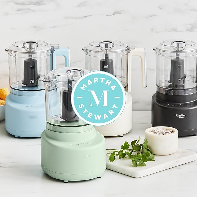 Martha Stewart 3 Cup Electric Food Chopper, Vegetable & Herb Mini Food Processor, 24oz BPA-Free Bowl, Stainless Steel Blades, Pour Spout, Dicing, Mincing, Chop & Puree, Dishwasher Safe, Indigo Blue