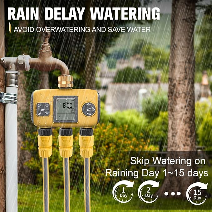 3 Outlet Programmable Hose Timer, Brass Inlet Rain Delay Watering Controller, for Yard Lawn, Real Time Start Countdown