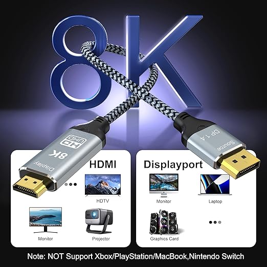 DisplayPort to HDMI 2.1 Cable 10FT 8K@60Hz 4K@120Hz Uni-Directional DP (Source) to HDMI (Display) Braided Cord Supports HDCP 2.3 HDR10 Display Port for AMD,NVIDIA,and PC