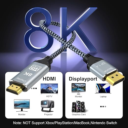 DisplayPort to HDMI 2.1 Cable 3.3FT 8K@60Hz 4K@120Hz Uni-Directional DP (Source) to HDMI (Display) Braided Cord Supports HDCP 2.3 HDR10 Display Port for AMD,NVIDIA,and PC