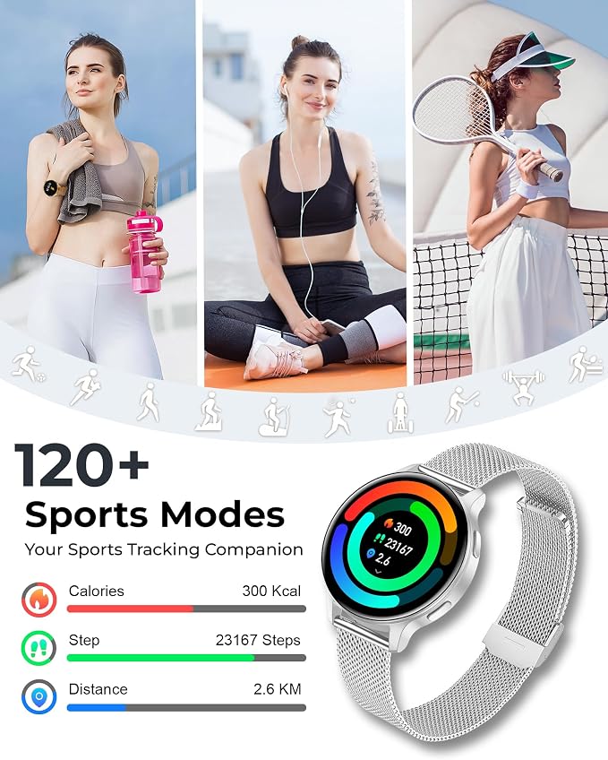 Smart Watch for Women, 1.27" HD Fitness Tracker with 4 Bands & Necklace Gift Set, Heart Rate SpO2 Sleep Monitor, 120+ Sport Modes, Call & Notifications, Smartwatch for Android iPhone, 40mm Silver