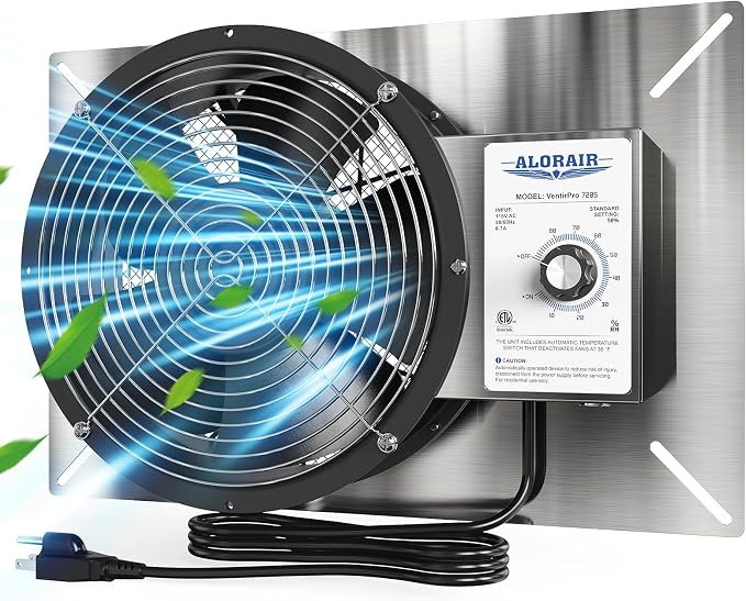 ALORAIR 720 CFM Stainless Steel Crawl Space Ventilation Fan with Humidistat Dehumidistat, IP55 Rated Crawlspace Vent Fan for Foundation Basements Garage Attic