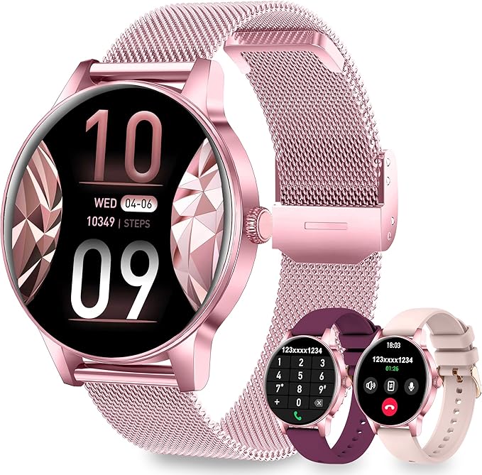 Smart Watches for Women, 1.27" HD Smart Watch for Android Phones & iPhones, Smartwatch Answer/Make Calls, Fitness Tracker with Heart Rate/Sleep/SpO2 Monitor, 110+ Sport Modes, 3 Bands (Pink)