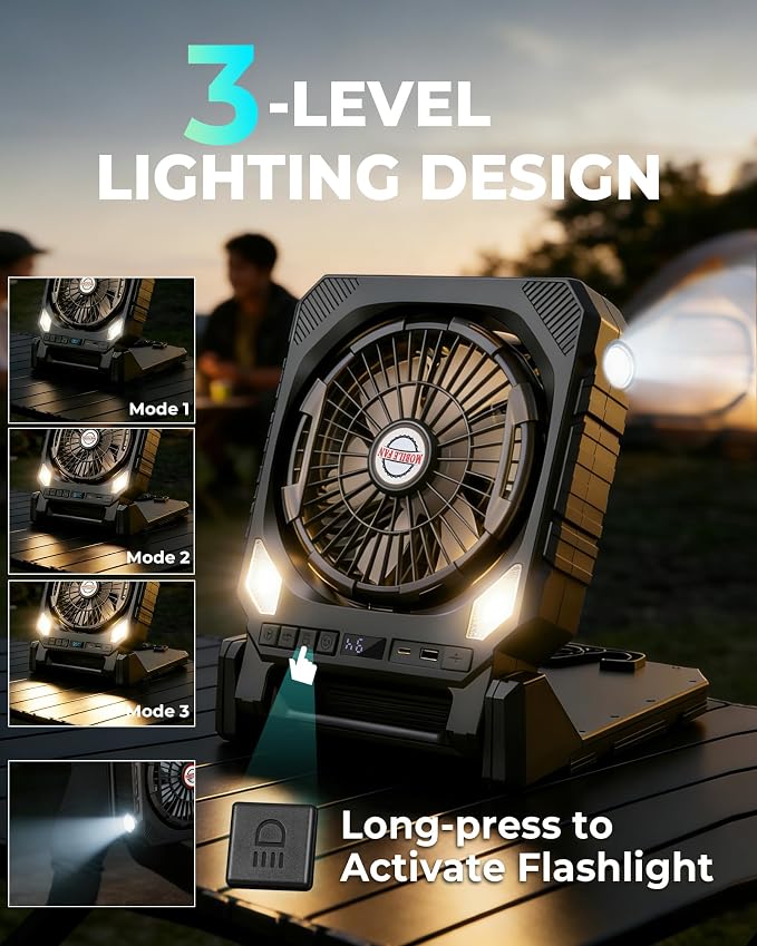 22000mAh Camping Solar Fan, 10" Dual-Panel Rechargeable Solar Powered Fan with LED Light and Arc Flashlight, LED Digital Display, 180° Swivel Oscillating, Portable Table Fans for Picnic, Barbecue