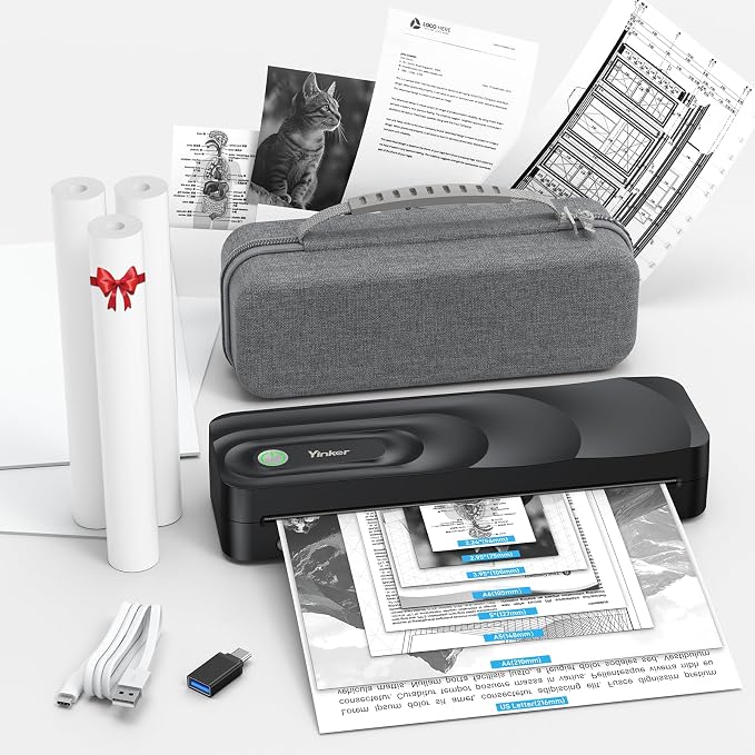 Portable A4 Thermal Printer | 3 Rolls Thermal Paper & 2 Folding Papers Included | Inkless Bluetooth Printer w/Carry Case, Supports 8.5"x11" US Letter, Cellphone APP Compatible for Travel