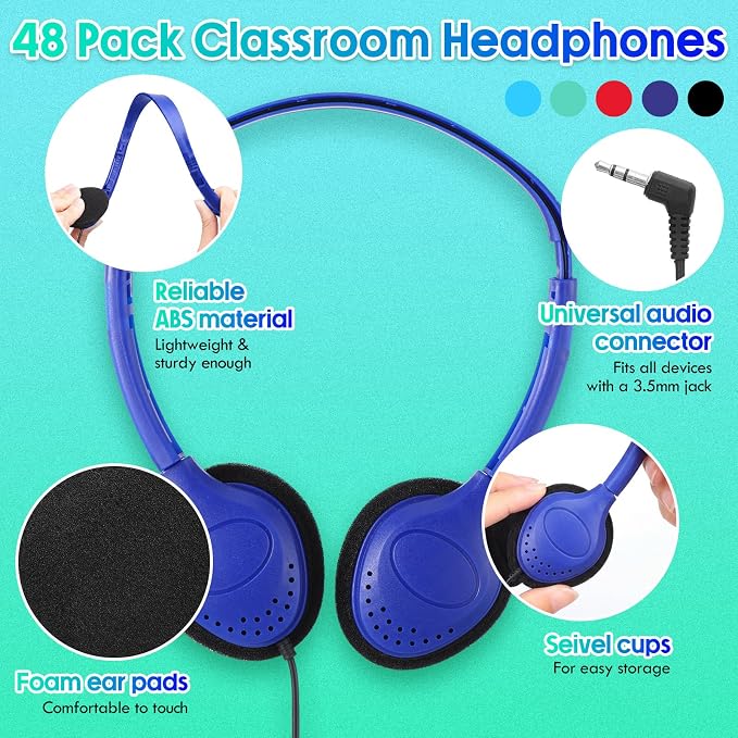 Frienda 48 Pack Classroom Headphones Bulk, Wired School Headsets for Students, Stereo Headphones with 3.5 mm Plug for Classroom, Online Learning, Library(Basic,Orange, Navy, Black, Blue)
