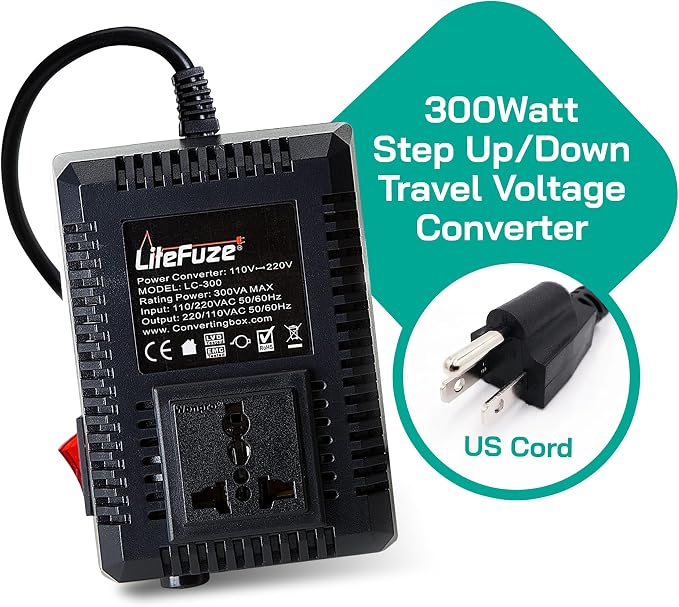 LiteFuze 300 Watt Step Up/Step Down Travel Voltage Converter, 220/110v to 110/220v converter with Type B Plug - Compatible with Hair Straightener, Camera, Laptop & More