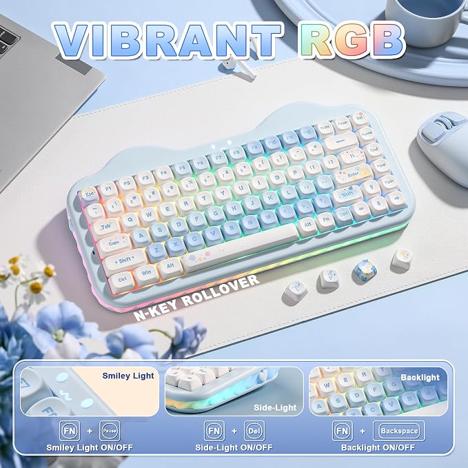 YUNZII C75 Wireless Mechanical Keyboard,75% Layout, Hot-Swappable NKRO,BT5.0/2.4G/USB-C Mode,Dye-Sub PBT MOA Keycaps,RGB Gasket Mount,Cute Cake Design for Mac/Win/Gaming (Blue, Milk V2 Switch)