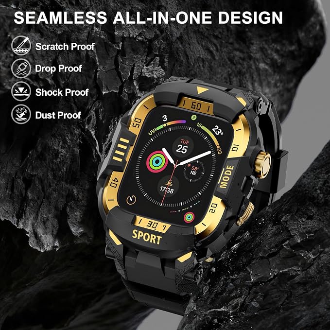 DABAOZA Rugged Case with Band Compatible with Apple Watch 45mm, for iWatch Series 9/8/7,Military Grade Shockproof Bumper and Men's Tactical Heavy Duty Strap(Black/Gold,45MM)