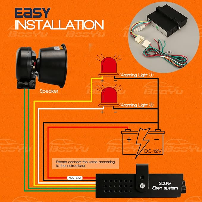 12V 200W 9 Tones Police Warning Emergency Siren PA System [Black Steel Speaker][125-135dB][Handheld Microphone][Hands-Free][2 x 10A Switches] for Firefighter Ambulance Vehicles Truck SUV ATV UTV