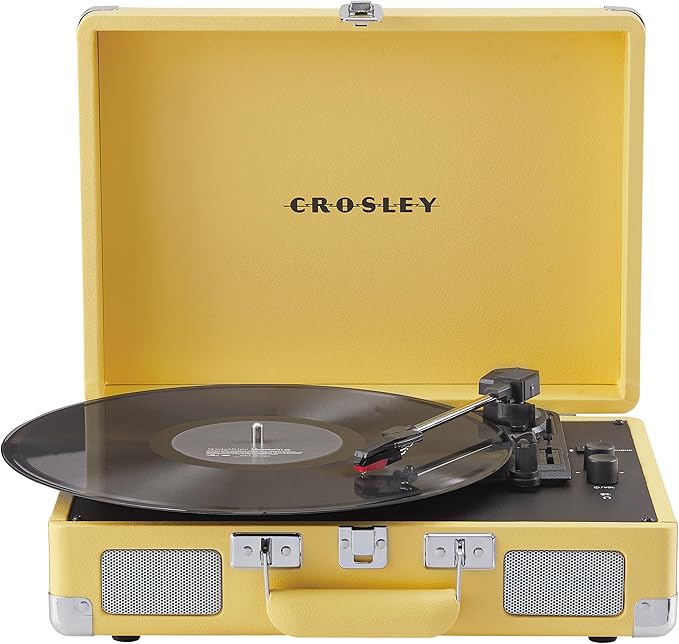 Crosley CR8005F-LY Cruiser Plus Vintage 3-Speed Bluetooth in/Out Suitcase Vinyl Record Player Turntable with Built-in Speakers, Lemon Yellow