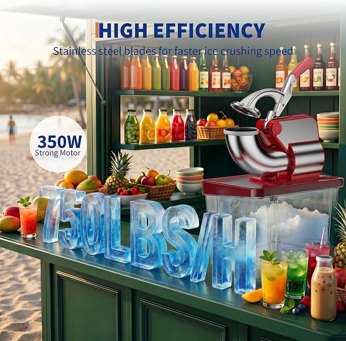 Commercial Ice Crusher Machine with 4 Blades, 2000RPM 750LBS/H Ice Shaver with 2LBS Hopper Capacity, 350W Stainless Steel Snow Cone Machine for Home Use, Bars, Cafes, Parties, Red