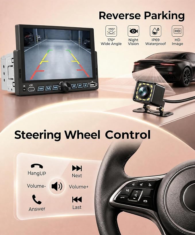 Single Din Car Stereo Wirelsss Carplay Android Auto, 1 Din Head Unit Bluetooth Backup Camera, 6.86" HD Touchscreen Radio, FM EQ USB-Type-C, Mirror Link SWC, Voice Control, Car Stereo Receivers