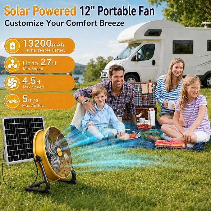 T-SUNUS 12" Solar Powered Floor Fan, Rechargeable Battery Battery Powered Fans 13200mAh & 20W Panel, 1500 CFM Metal Cordless Fan, 4.5–27H Runtime for Outside Camping Garage Greenhouse Power Outage