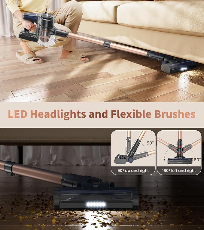 NADALY Cordless Vacuum Cleaner, 500W 40KPA Stick Vacuum with 45min Runtime, Anti-Tangle Vacuum Cleaners for Home, Self-Standing Rechargeable Wireless Vacuum for Hardwood Floor Carpet Pet Hair