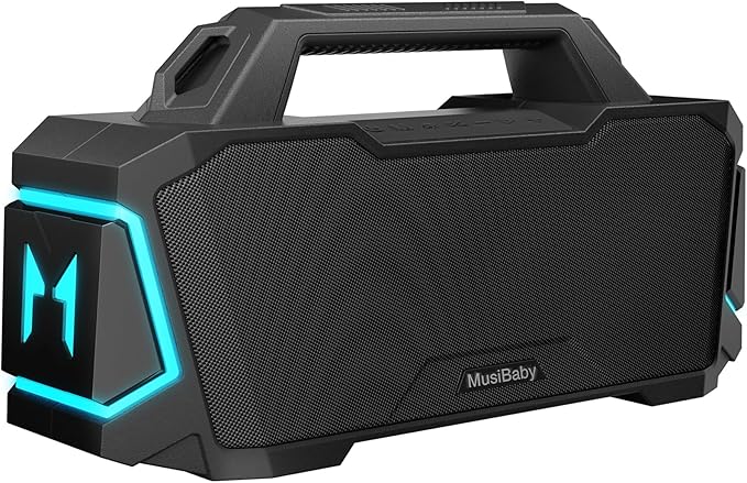 Musibaby 80W Portable Bluetooth Speaker, Loud Bass, IPX6 Waterproof, Black | Workshop, tailgate, RV, projector nights, fishing trips, boat deck, cookouts, USB music, AUX input, and room-filling audio.
