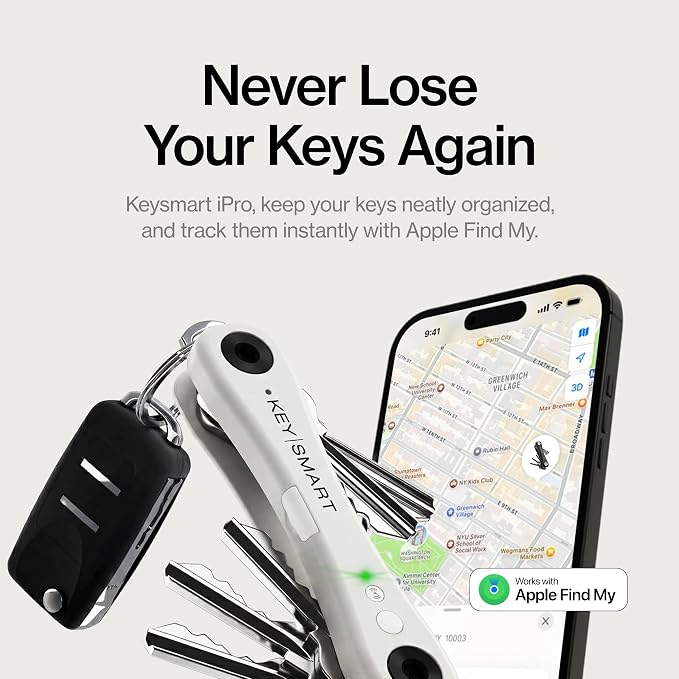 KeySmart iPro - Key Finder Locator with Sound, Keychain Key Holder, Apple Find My App Compatible, Key Organizer, Compact Clutter-Free Key Chain Tracker, Rechargeable Battery (Up to 14 Keys, White)