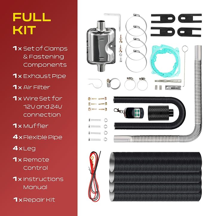 12V/24V/110V Diesel Air Heater Kit 8000W Portable All-in-One Forced-Air Heating System with LCD Panel | Parking Heater for RV Truck Van Trailer Motorhome | Outdoor Camping Tent Garage Warmer | Red