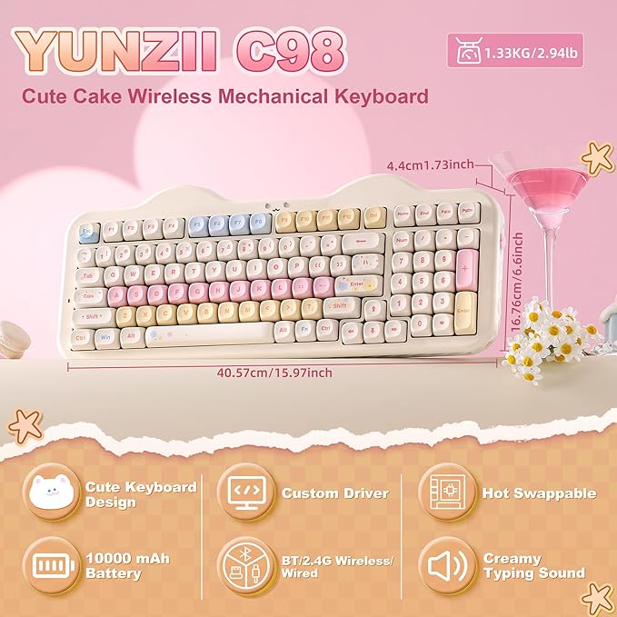 YUNZII C98 Wireless Mechanical Keyboard with Number Pad,99 Key BT5.0/2.4G/USB-C Hot Swap Gasket Mount with PBT MOA Keycaps,Custom RGB,Cute Cake Keyboard for Win/Mac (Beige, Candy Linear Switch)