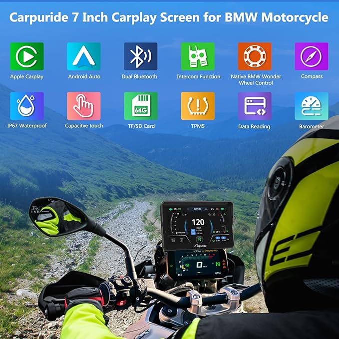 CARPURIDE W702BS for BMW Motorcycle CarPlay & Android Auto Dual Bluetooth, 7" Waterproof GPS Navigation Screen, Data Reading, Native Wonder, TPMS, Light Sensor, Music Sharing, Intercom, 16-Pin