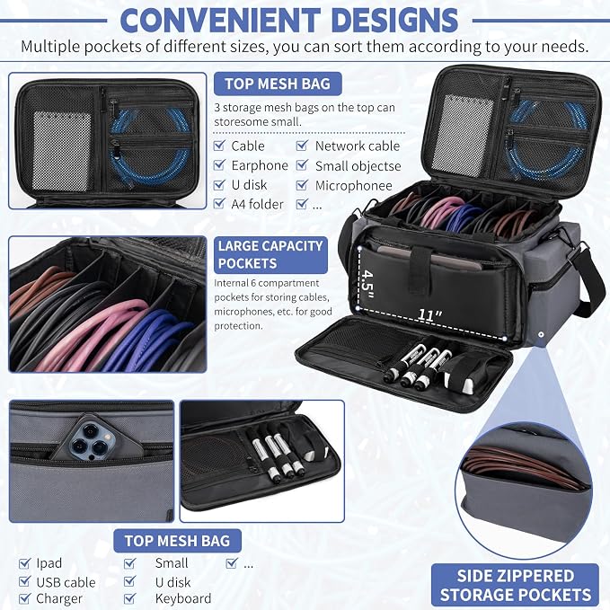 AKOZLIN Cable File Bag with Detachable Dividers for DJ Gear, Sound Instrument Accessories