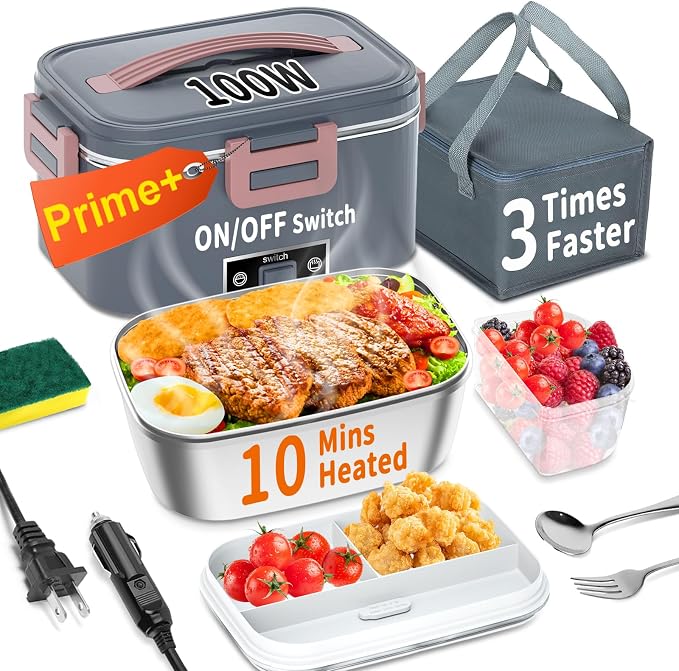 IFENROL Electric Heated Lunch Box for Adults with 1.8L Container, ON/OFF Power Switch & 0.6L Double Layer, Portable 100W 3-IN-1 Fast Heating Food Warmer for Men, 12V/24V/110V for Car Truck Office