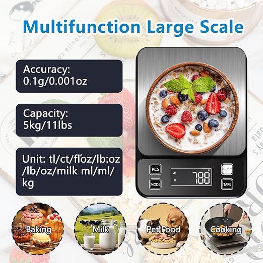 IPX7 Waterproof Food Scale 0.01oz/0.1g Precision Kitchen Scale Precisely Measures Grams and Ounces11lb/5kg Stainless Steel Digital Food Scales for Kitchen Gram Scale for Cooking, Baking