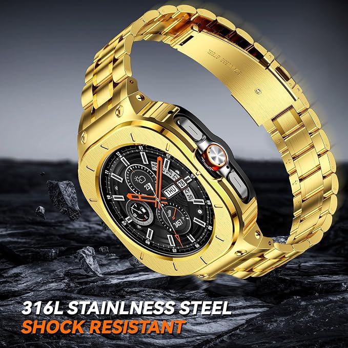 BAITEYOU Stainless Steel Bands with Case Compatible with Samsung Galaxy Watch Ultra 2/1 47mm (2025 2024), Rugged Protector Cover Metal Band for Galaxy Watch 7 8 Ultra for Men (Gold)