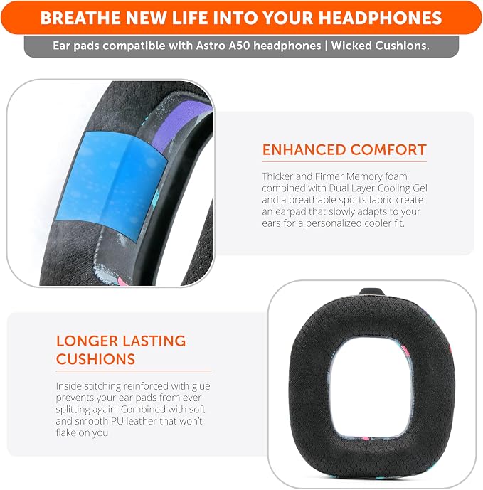 WC Mod Kit A50 - Cooling Gel Earpads + Headband Replacement for Astro A50 Gen 4, Gen 5 & A50X by Wicked Cushions | Enhanced Comfort, Cooling & Durability | 90's Black