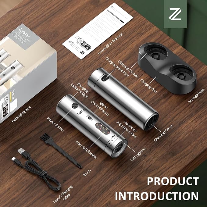 Zadelar Electric Salt and Pepper Grinder Set with Charging Base, Rechargeable Pepper Mill with 6-Level Visible Coarseness Adjustment, High/Low Variable Speeds, Stainless Steel, One-Handed Operation
